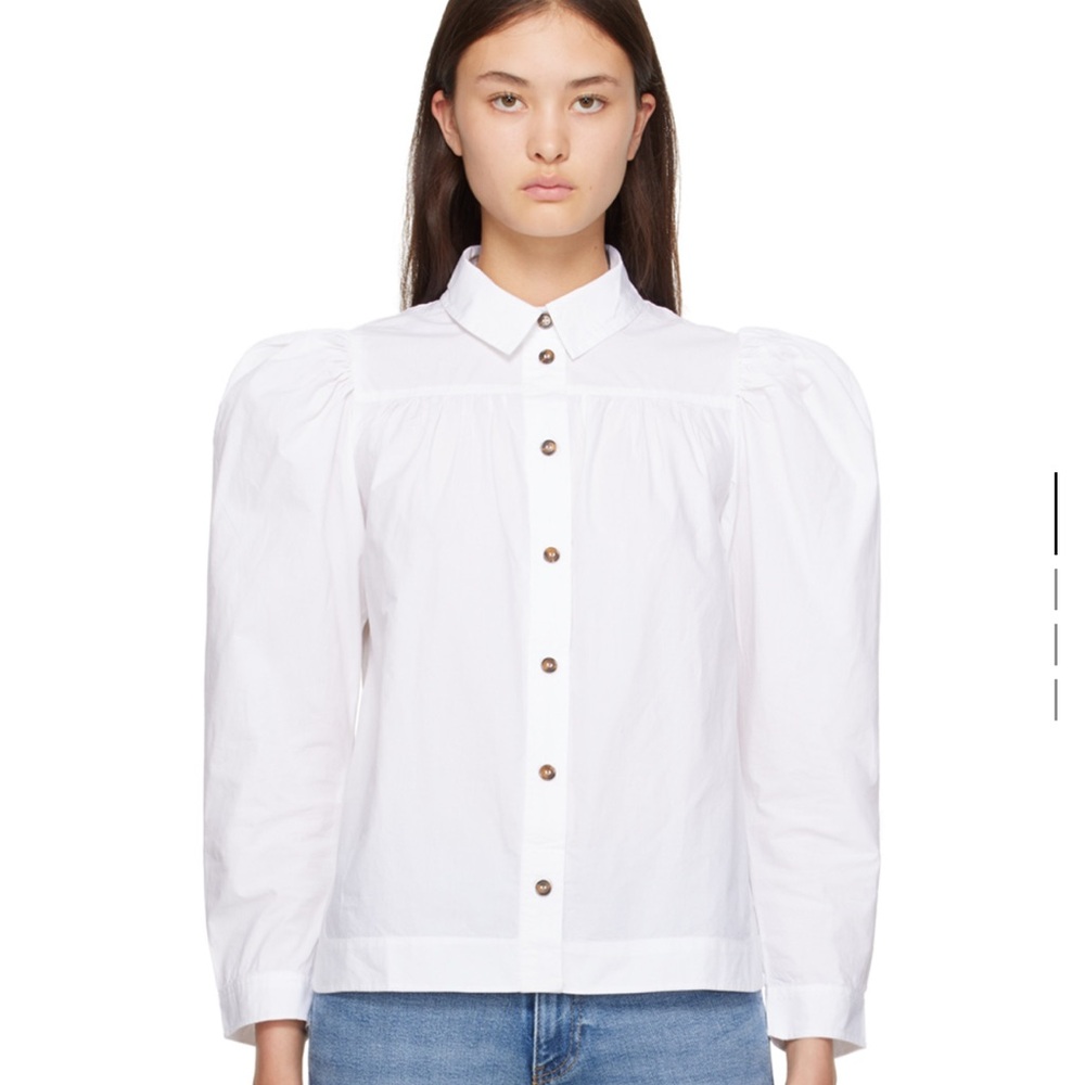 GANNI White Button-Up with Puff Sleeves Shirt